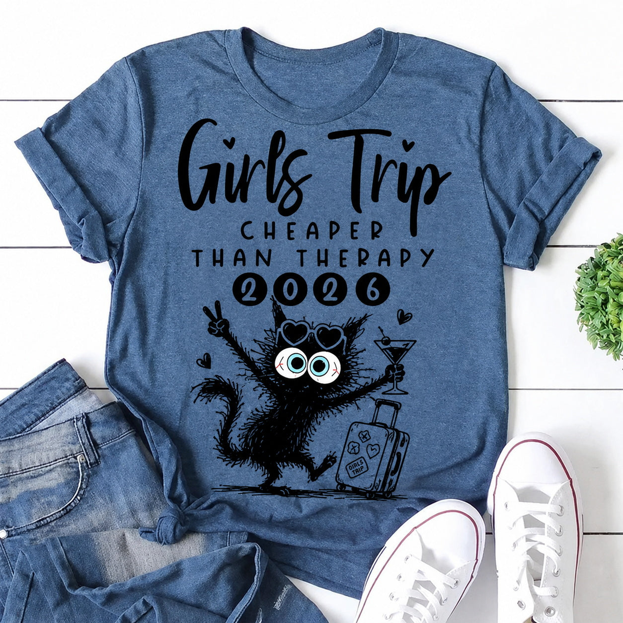 Girls Trip Cheaper Than Therapy 2026 Cat Print Women Slogan T-Shirt