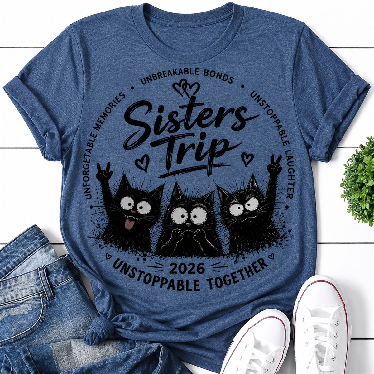 Sisters Trip Cat Print Women Slogan T-Shirt