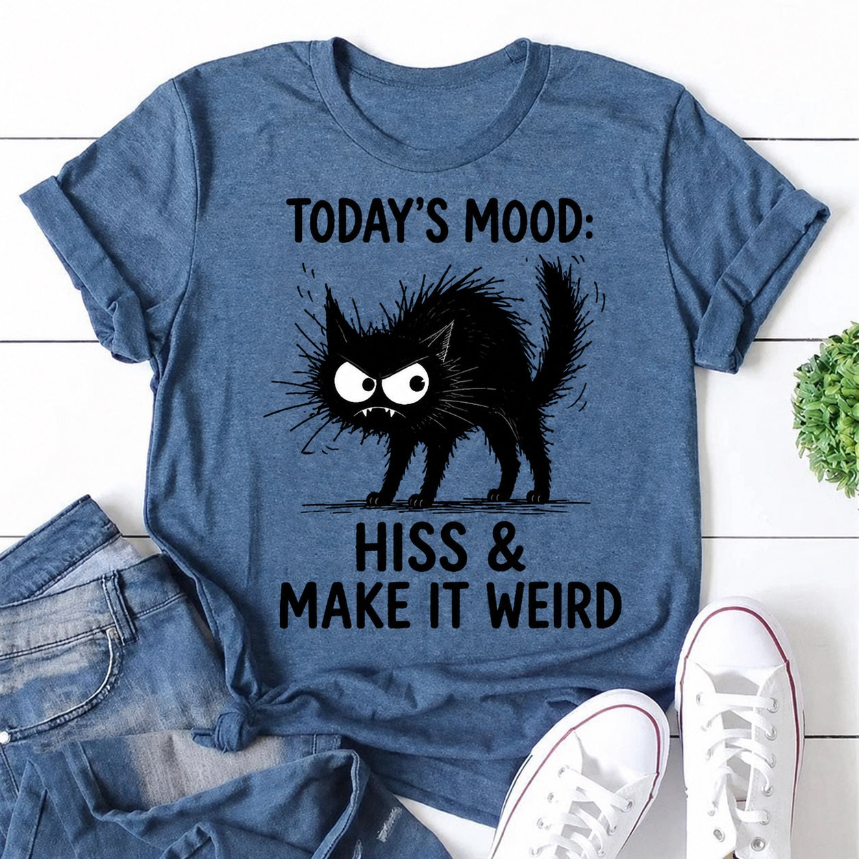 Today's Mood: Hiss & Make It Weird Cat Print Women Slogan T-Shirt