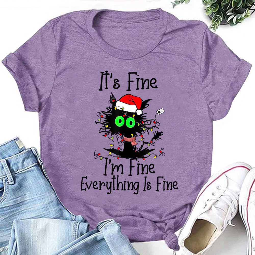 Black Cat Christmas It's Fine Letter Print Women Slogan T-Shirt