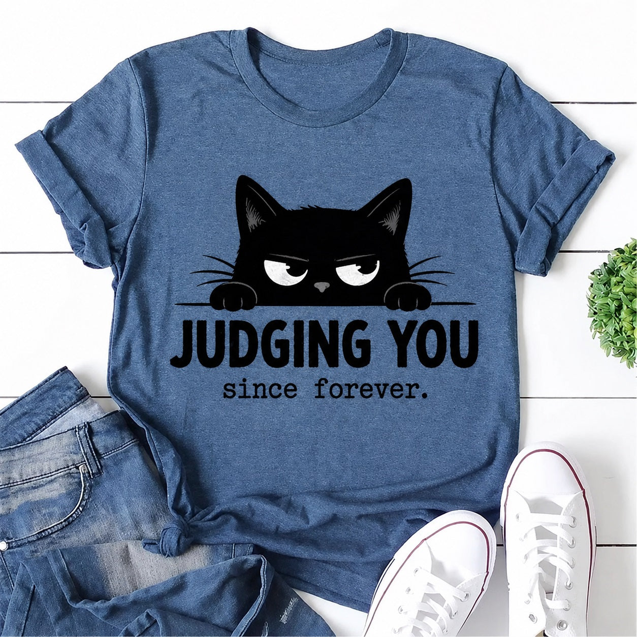 Judging You Since Forever Cat Print Women Slogan T-Shirt