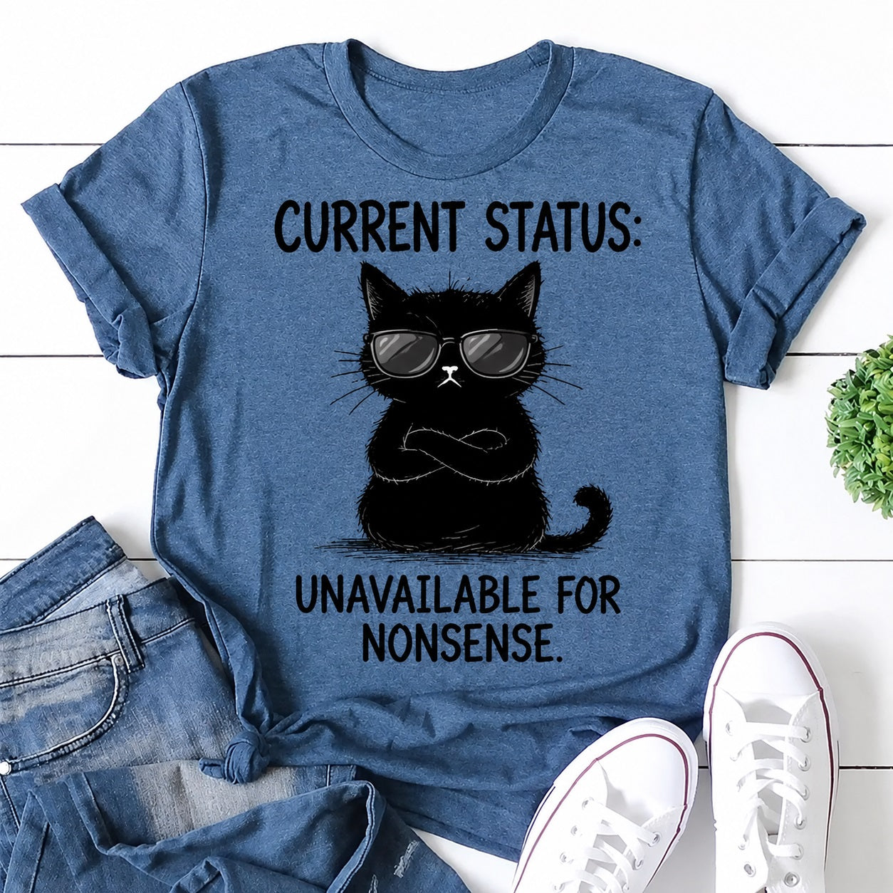 Current Status Cat Print Women Slogan T-Shirt