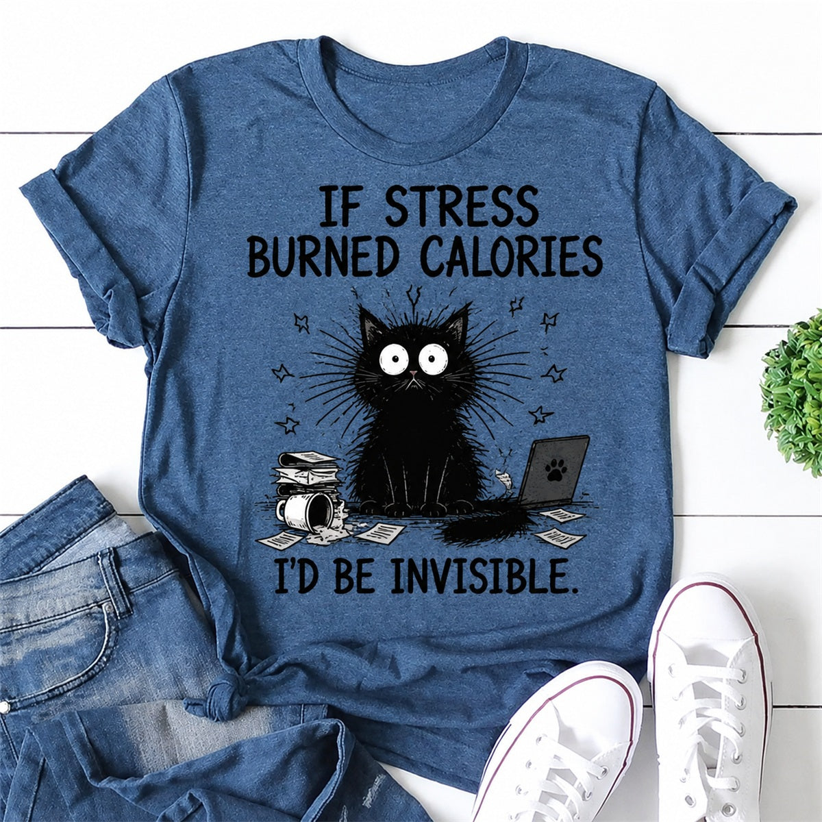 If Stress Burned Calories Cat Print Women Slogan T-Shirt