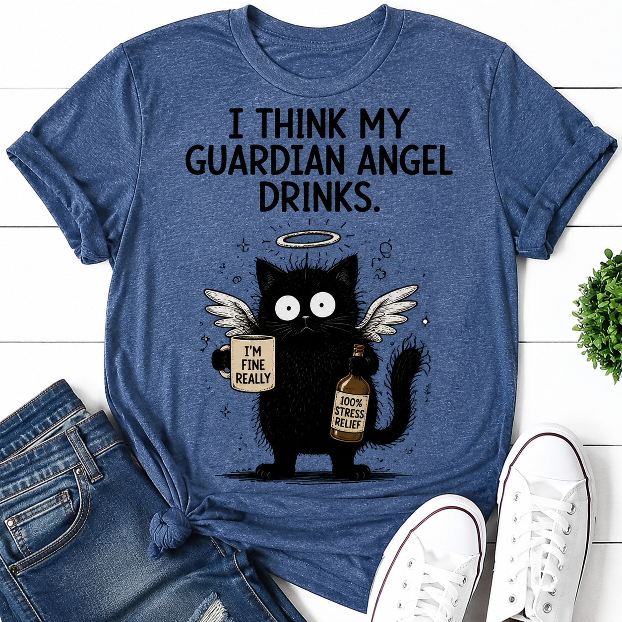 I Think My Guardian Angel Drinks Cat Print Women Slogan T-Shirt