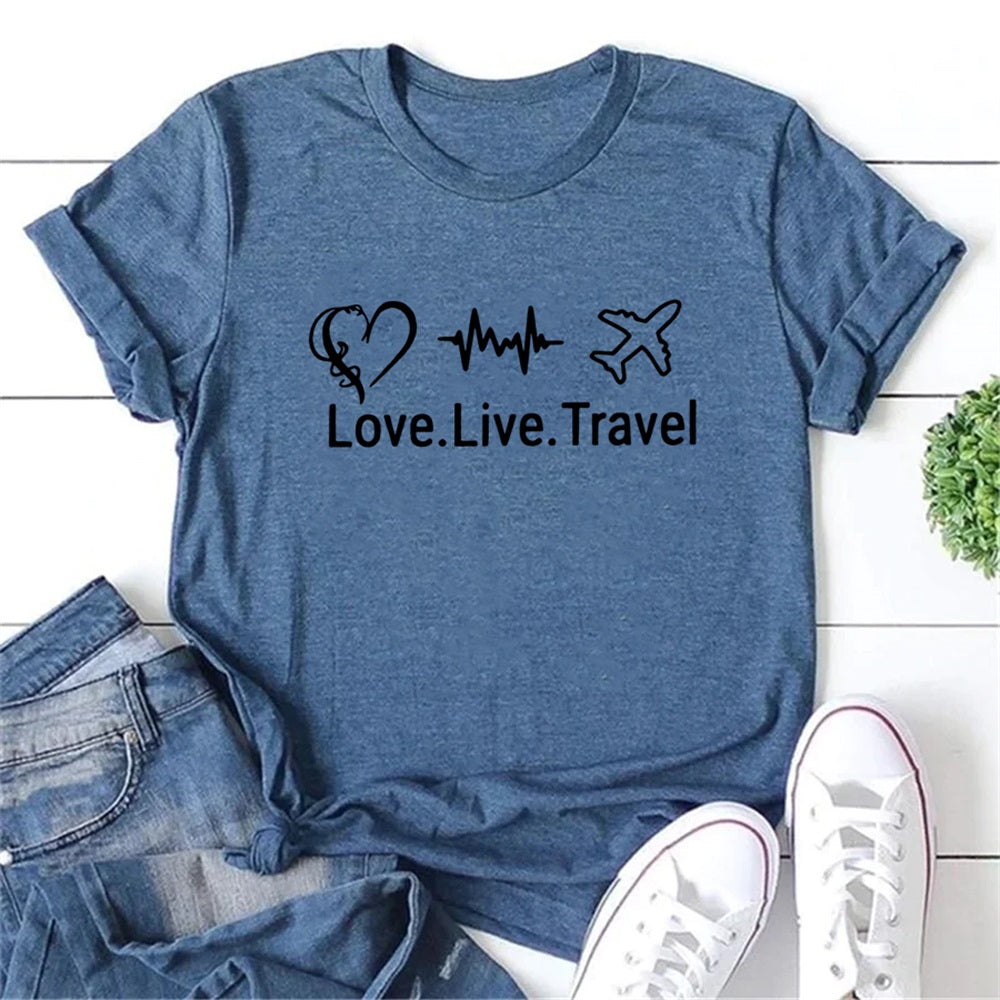 Love.Live.Travel Letter Print Women Slogan T-Shirt