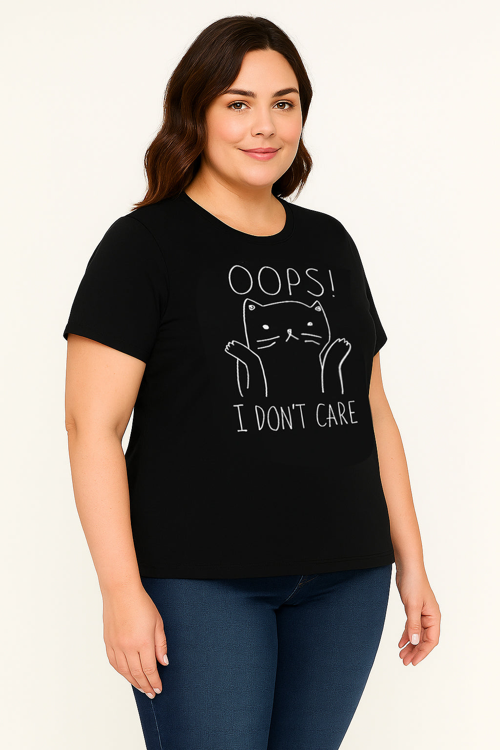 OOPS I DON´T CARE Cat Print Plus Size T-Shirt
