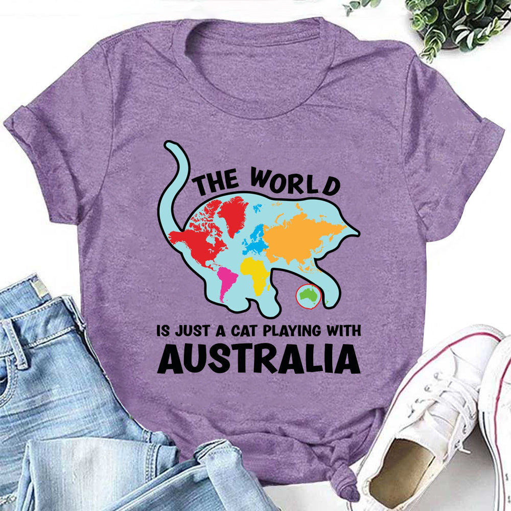The World Letter Cat Map Print Women Slogan T-Shirt