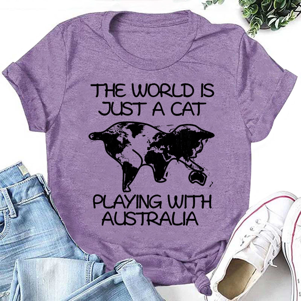The World Letter Cat Print Women Slogan T-Shirt