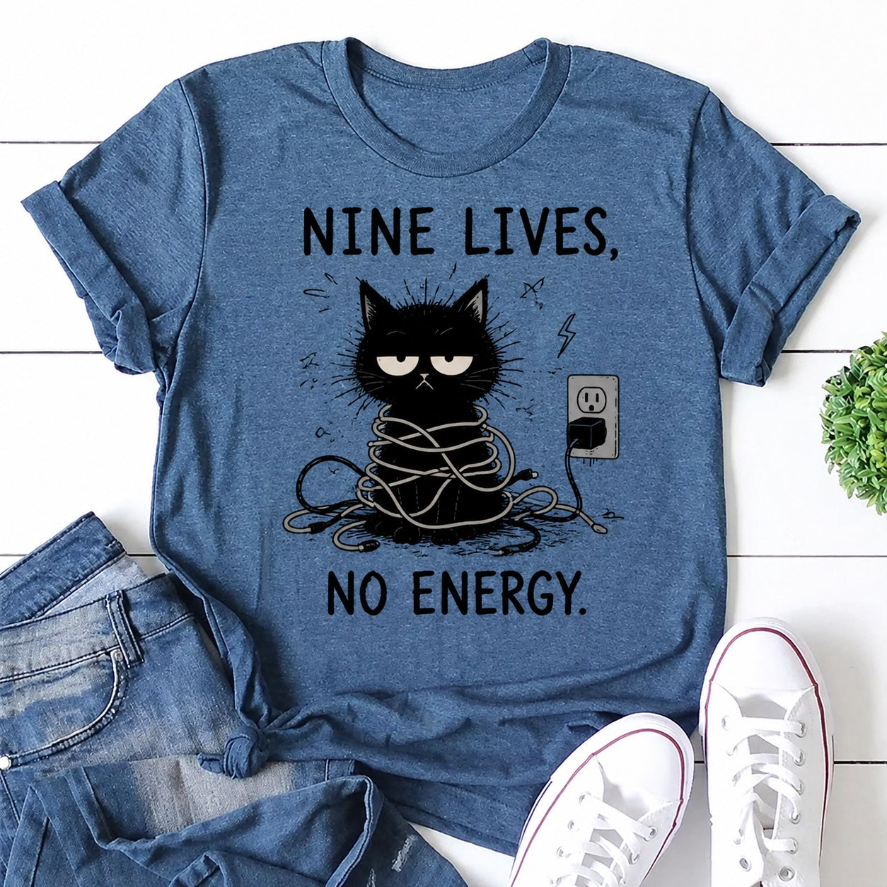 Nine Lives No Energy Cat Print Women Slogan T-Shirt