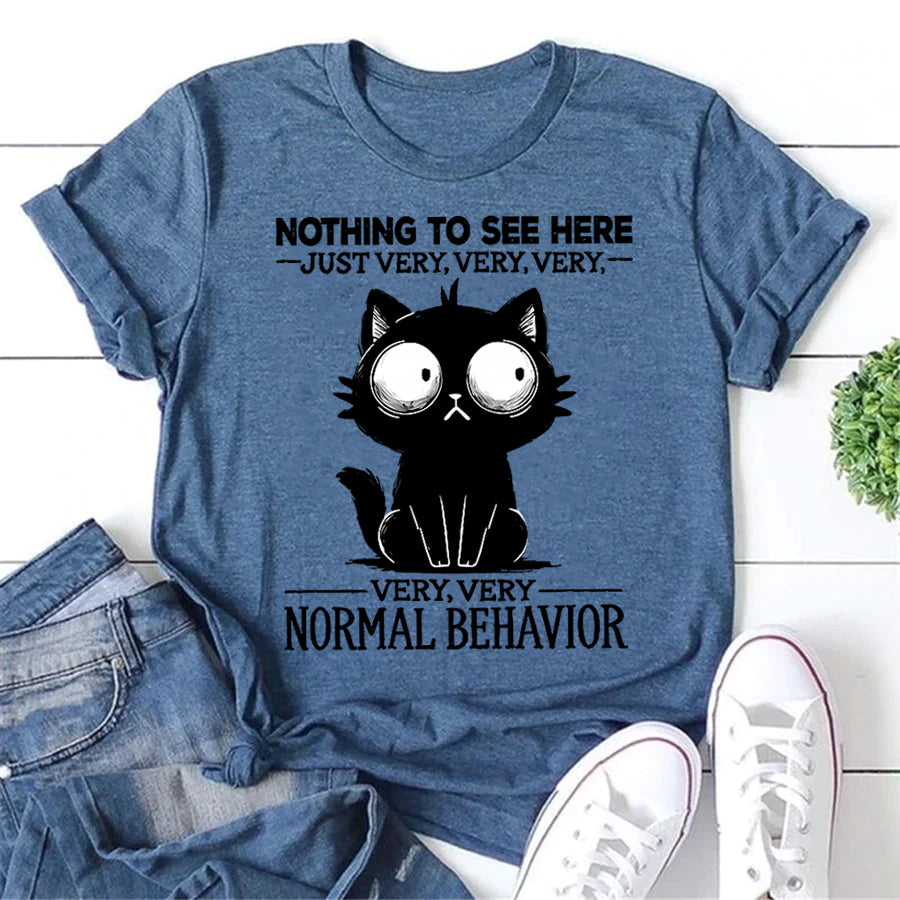 Nothing To See Here Letter Cat Print Women Slogan T-Shirt