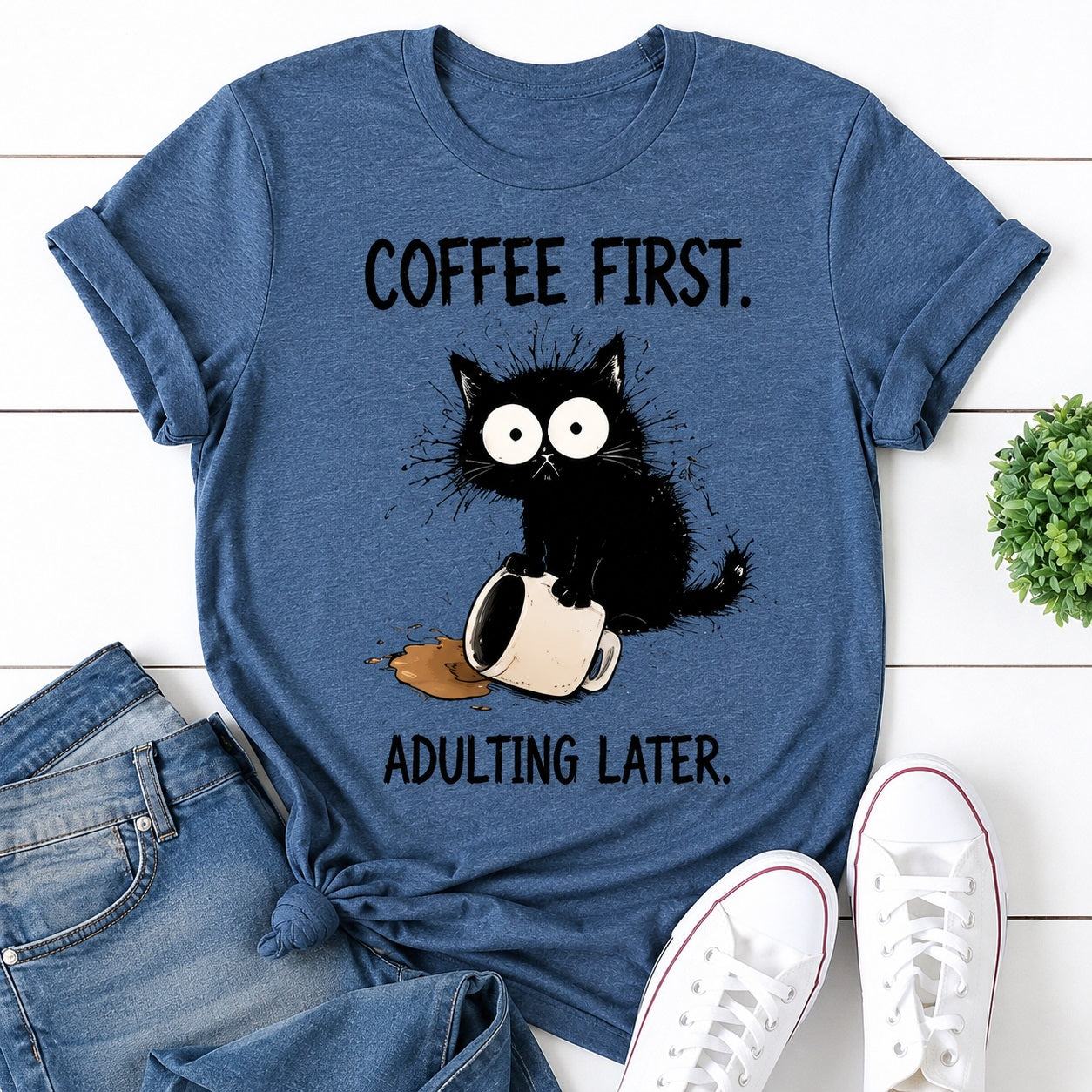 Coffee First Cat Print Women Slogan T-Shirt