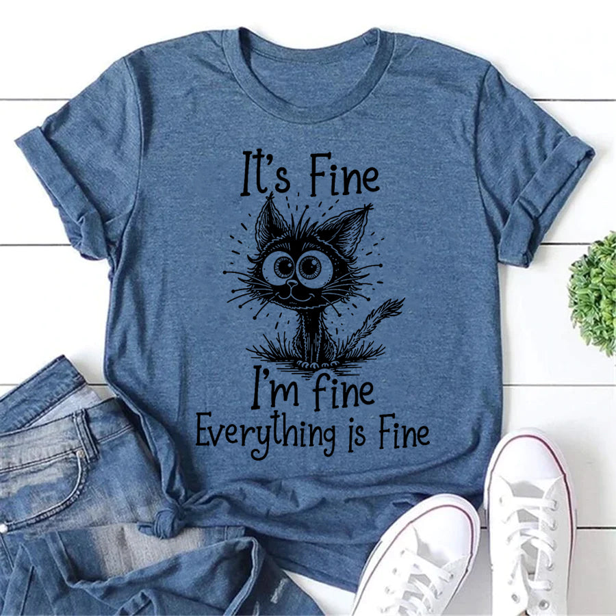 Funny Cartoon Cat It's Fine Letter Print Women Slogan T-Shirt