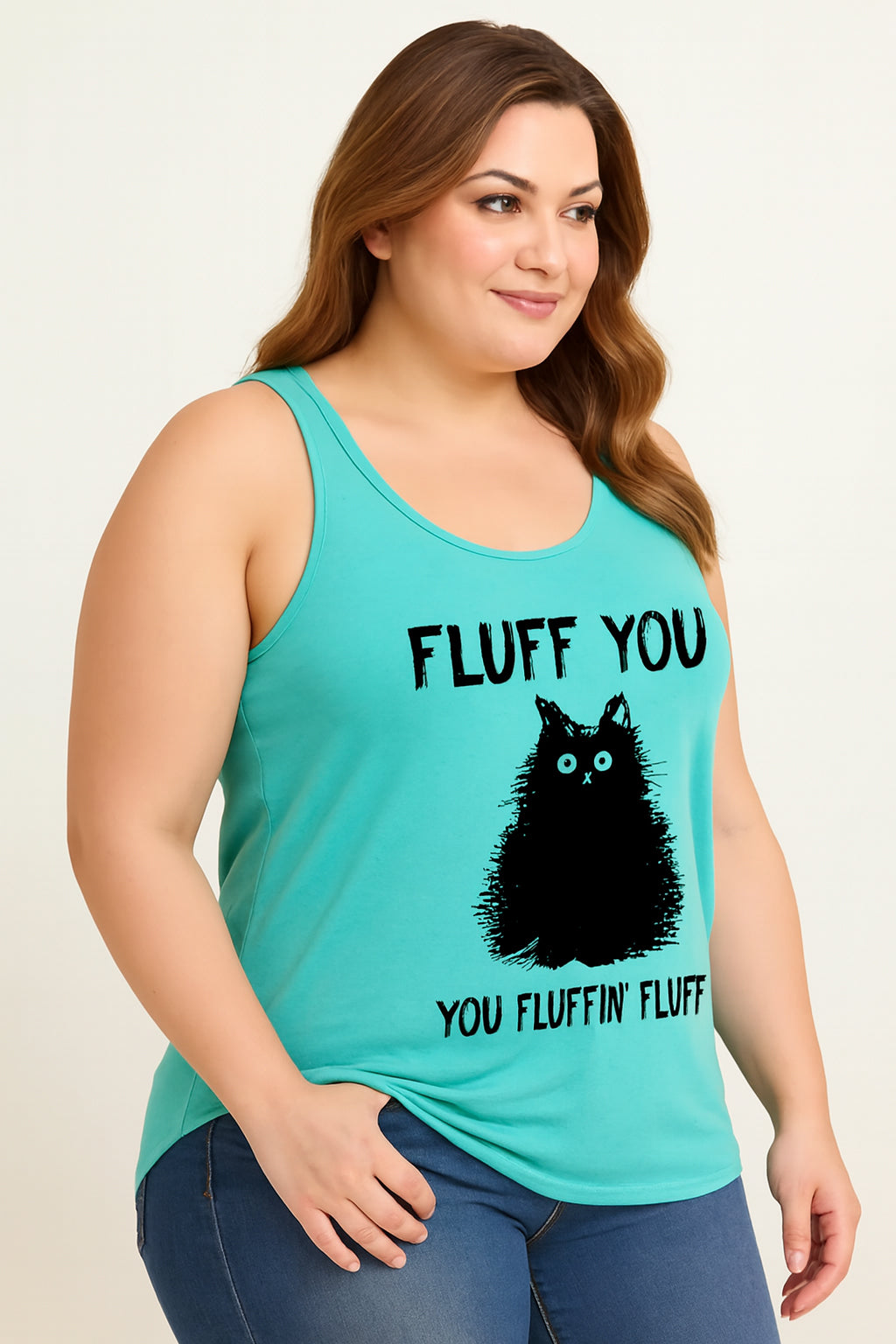 Fluff You Cat Print Women Slogan Plus Size Tank Top