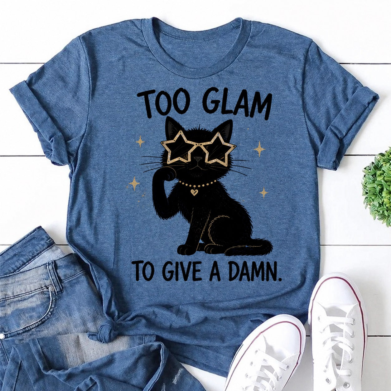 Too Glam To Give A Damn Cat Print Women Slogan T-Shirt
