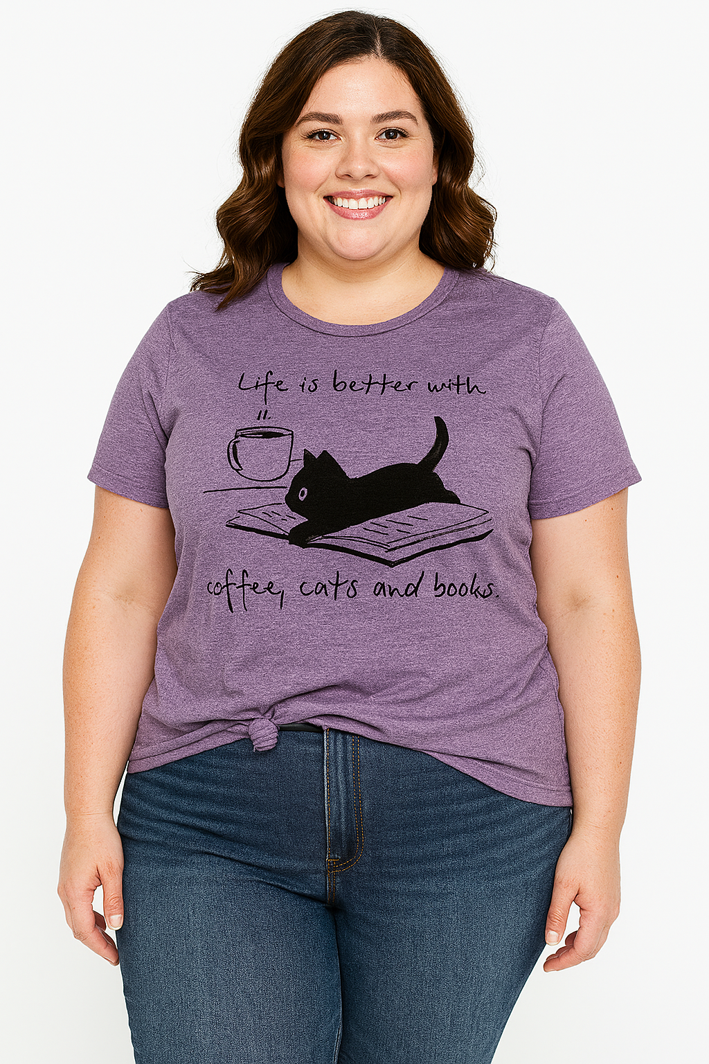 Coffee Cat Book Letter Print Women Slogan Plus Size T Shirt
