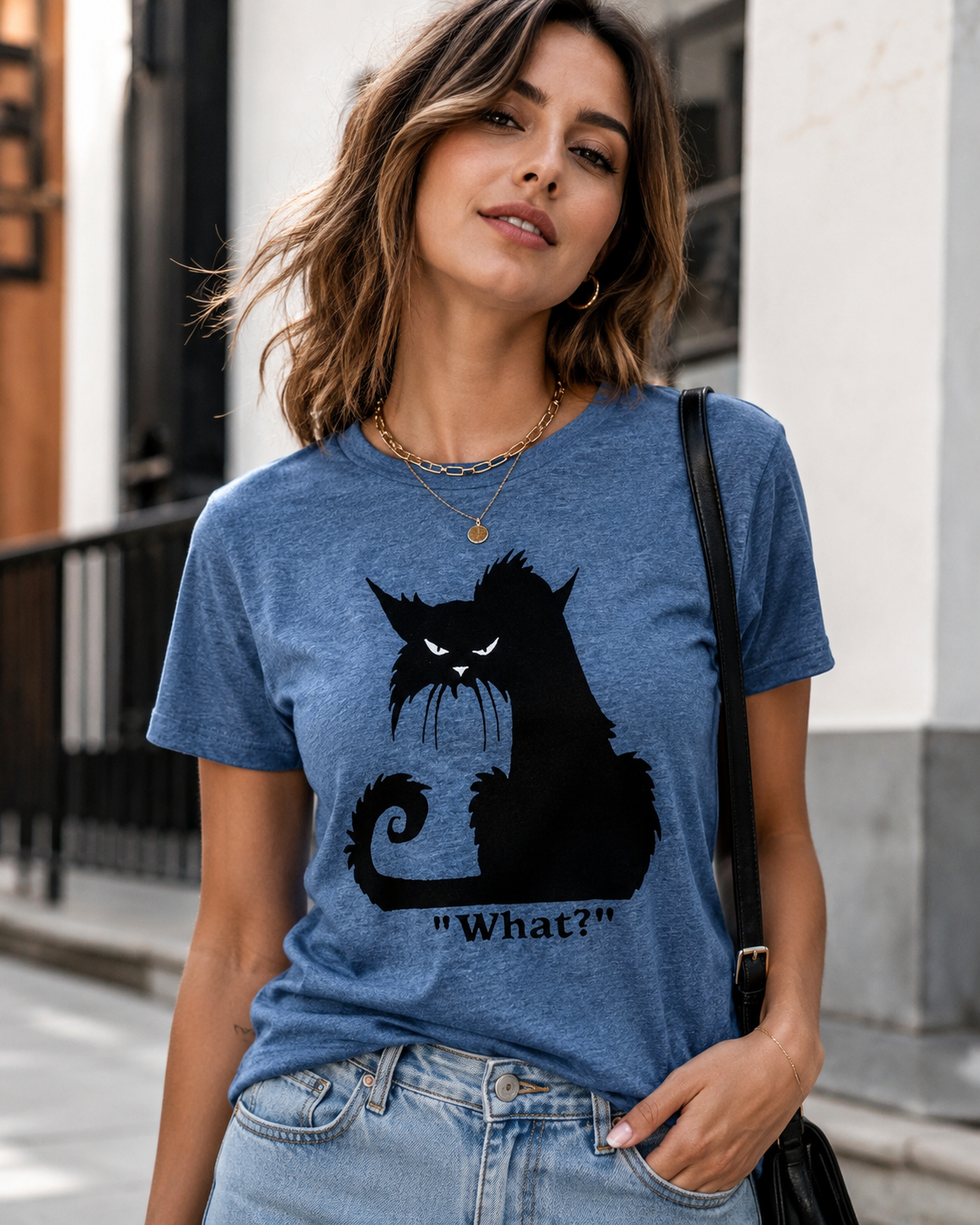 Quoi? T-shirt avec slogan pour femme, joli chat en colère imprimé