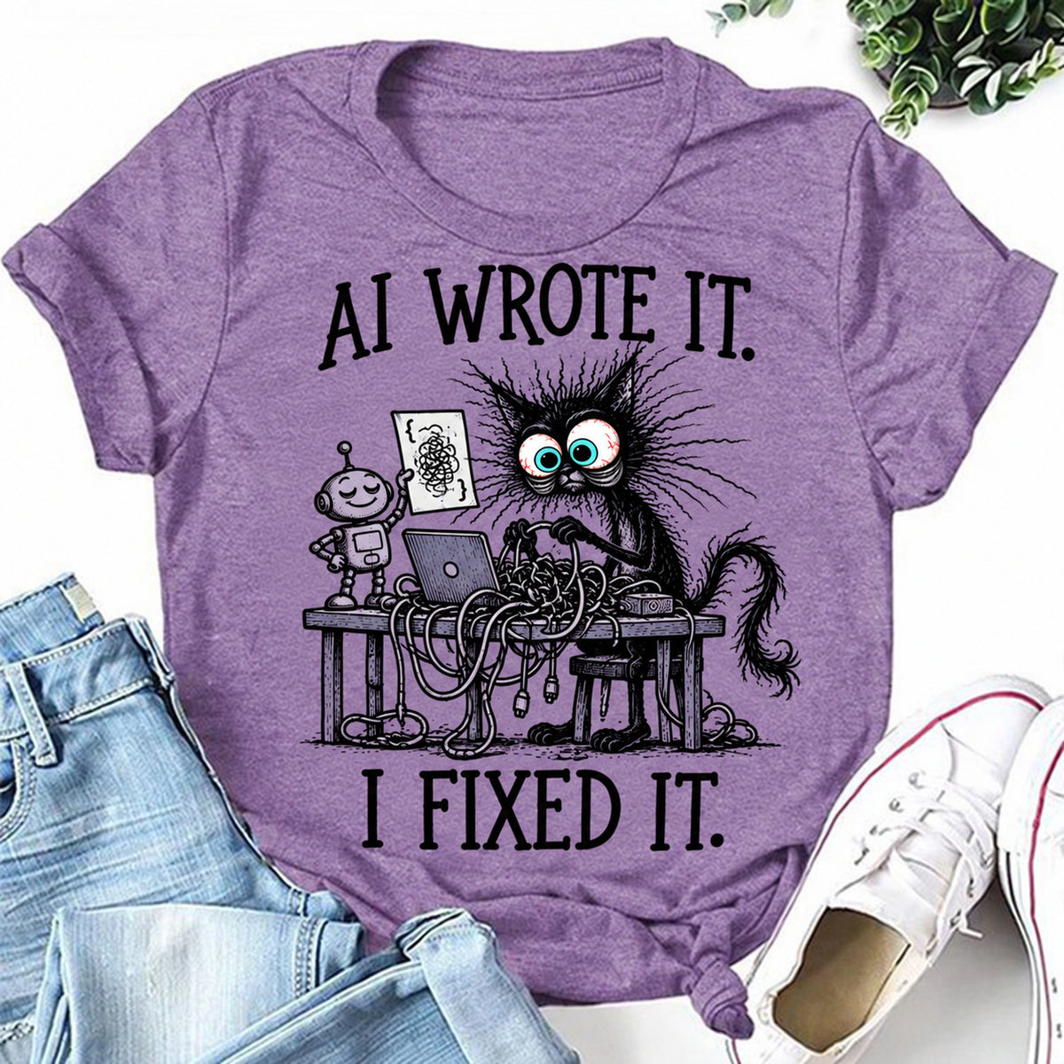 Purple women's T-shirt with AI Wrote It. I Fixed It graphic