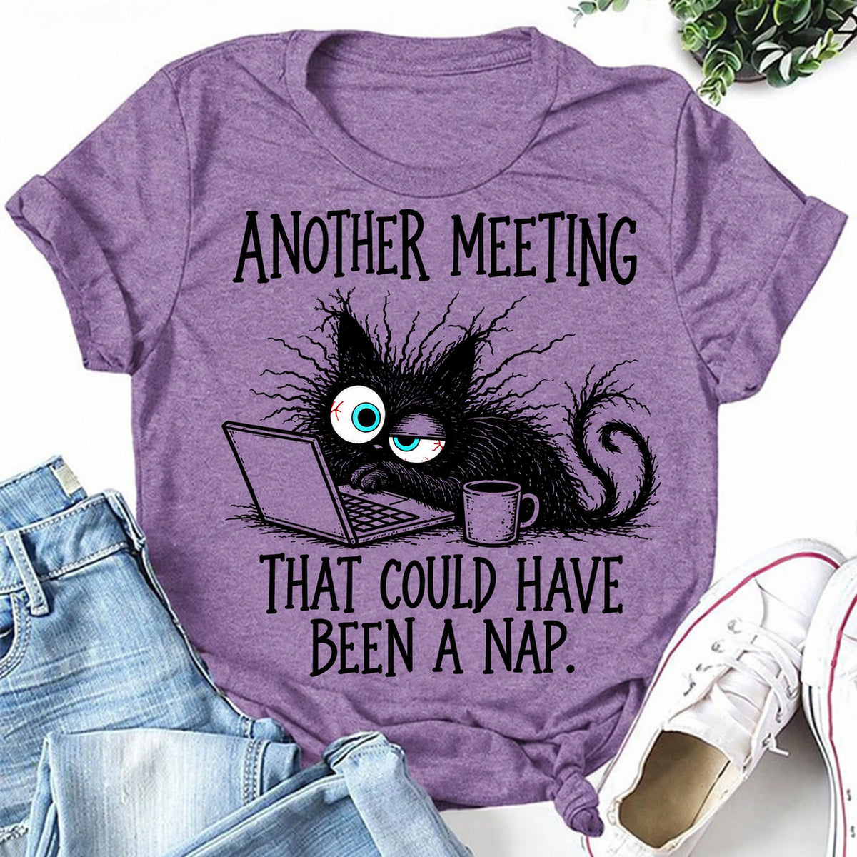 Purple women's T-shirt with Another Meeting That Could Have Been A Nap graphic