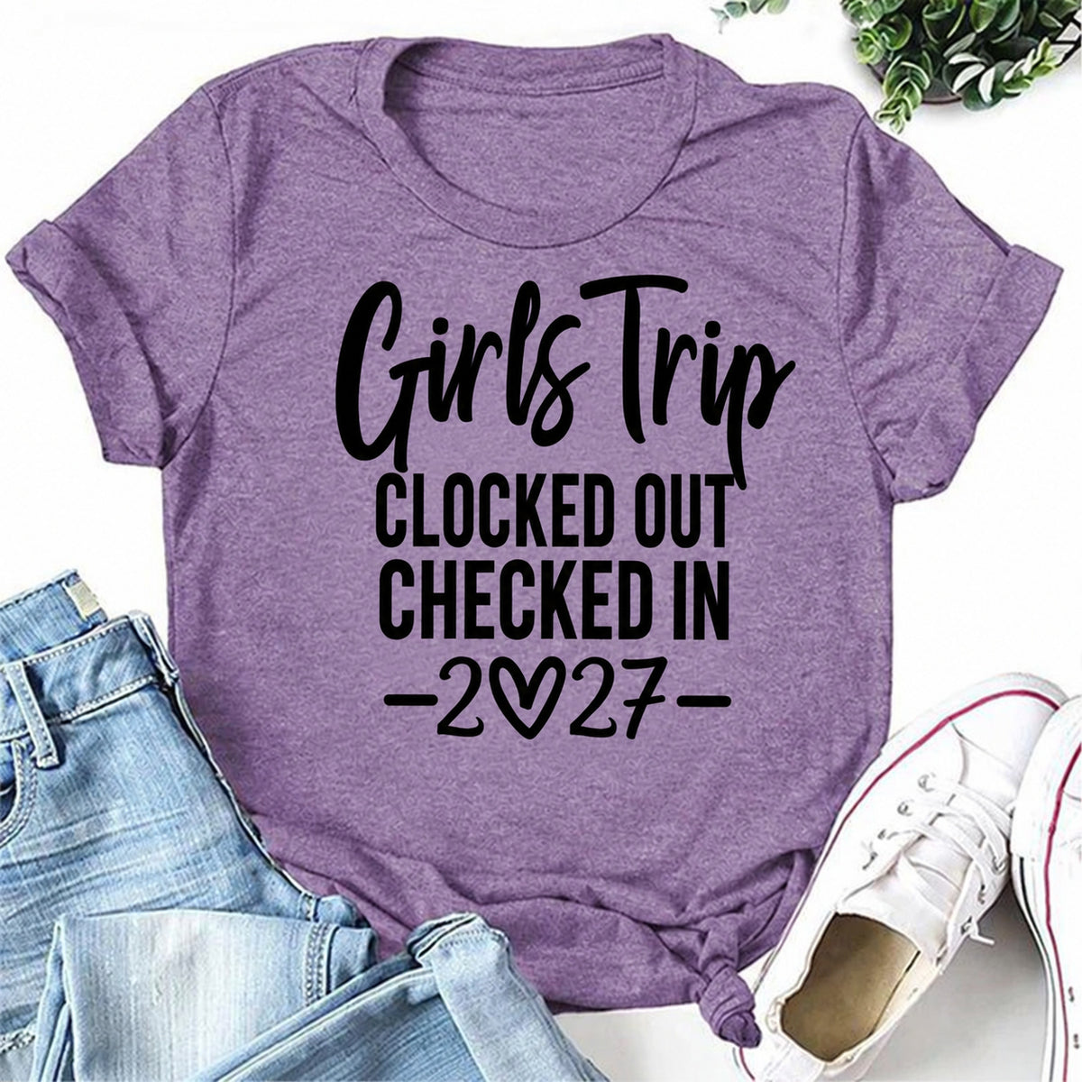Purple women's T-shirt with Girls Trip Clocked Out Checked In 2027 graphic