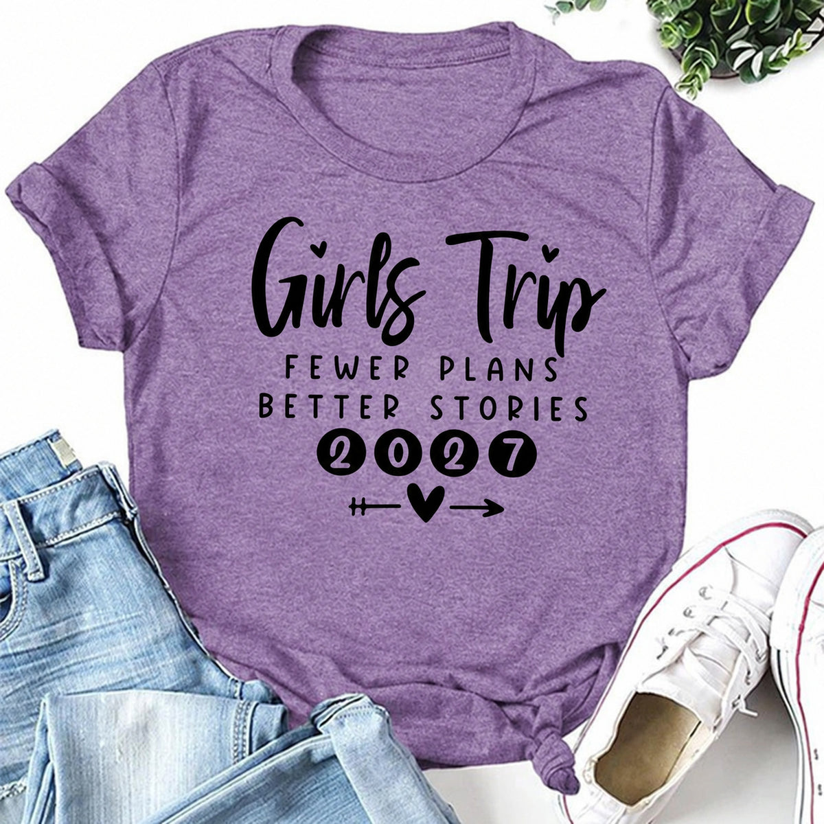 Purple women's T-shirt with Girls Trip Fewer Plans Better Stories 2027 graphic