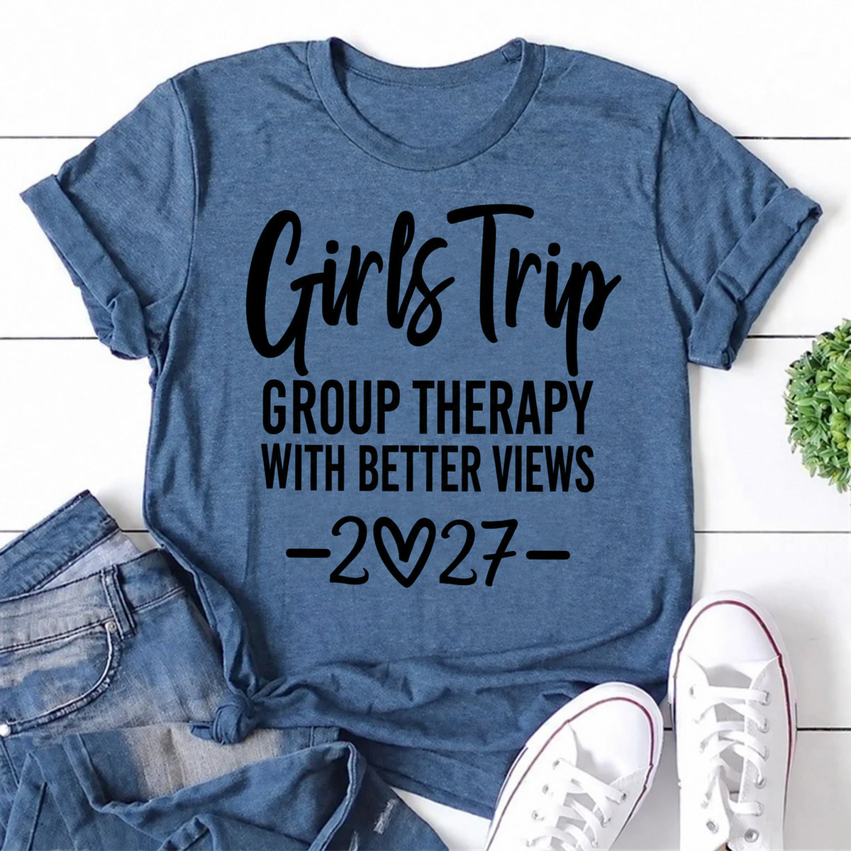 Blue women's T-shirt with Girls Trip Group Therapy With Better Views 2027 graphic