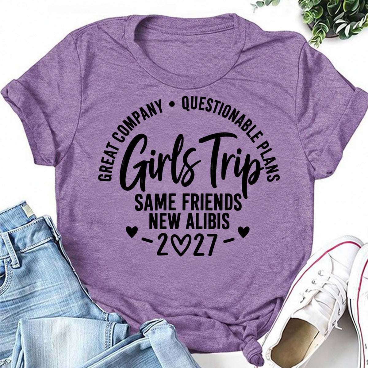 Purple women's T-shirt with Great Company • Questionable Plans • Girls Trip • Same Friends New Alibis • 2027 graphic