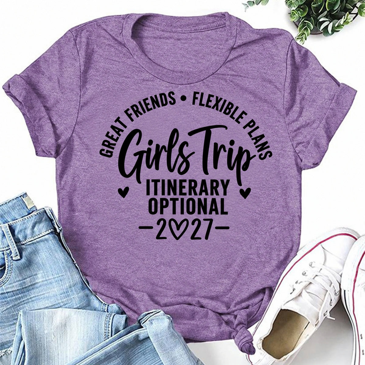 Purple women's T-shirt with Great Friends • Flexible Plans • Girls Trip • Itinerary Optional • 2027 graphic