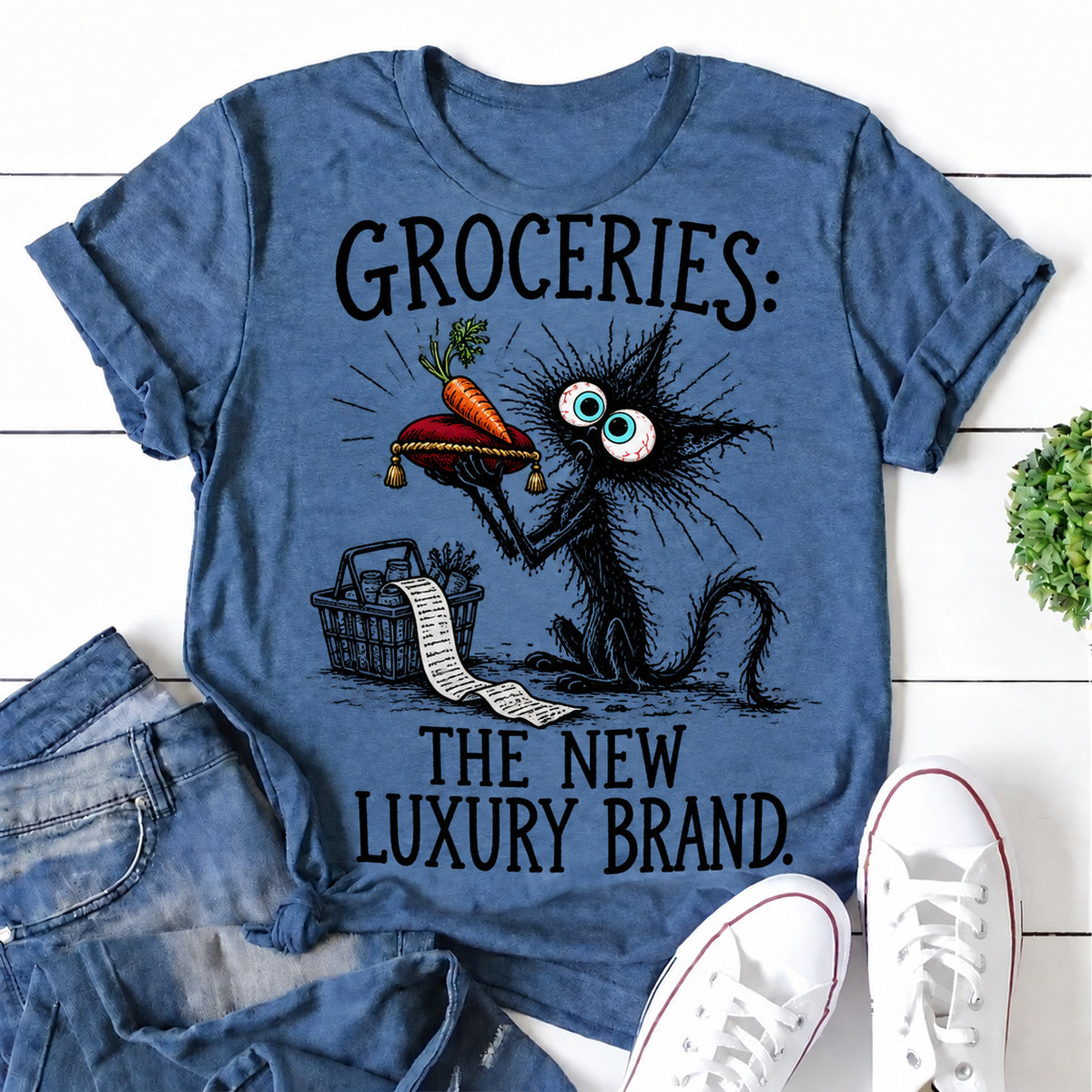Blue women's T-shirt with Groceries: The New Luxury Brand graphic