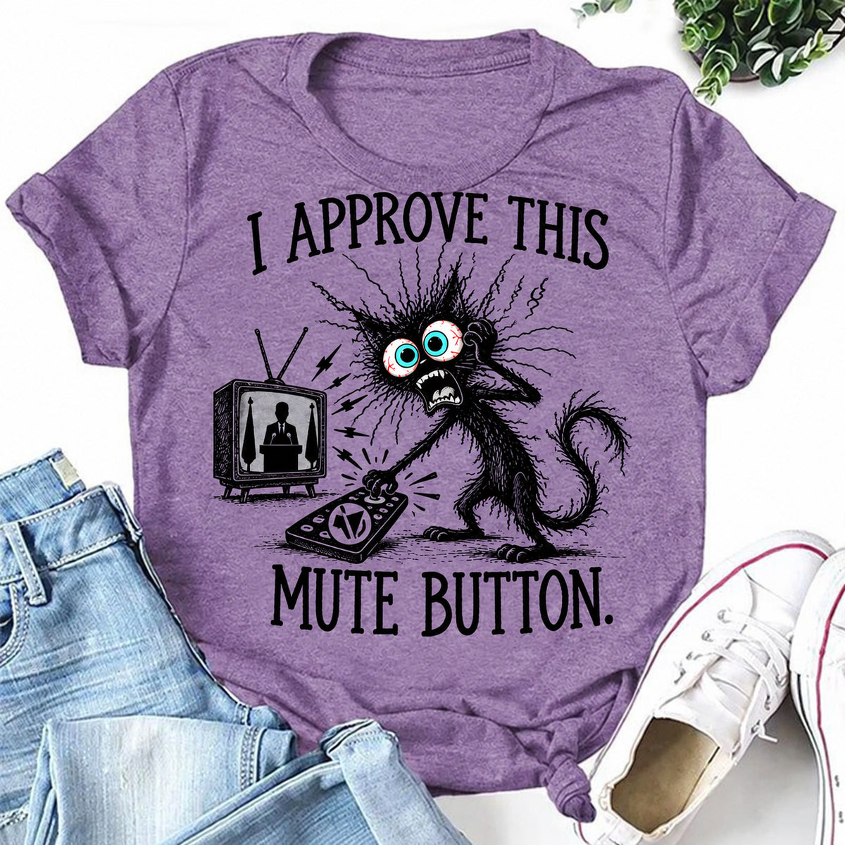 Purple women's T-shirt with I Approve This Mute Button graphic