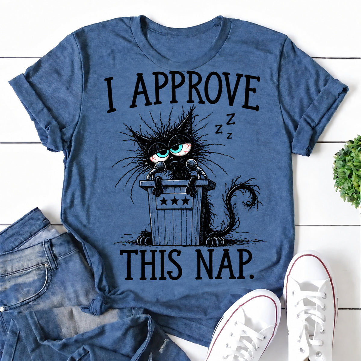 Blue women's T-shirt with I Approve This Nap graphic