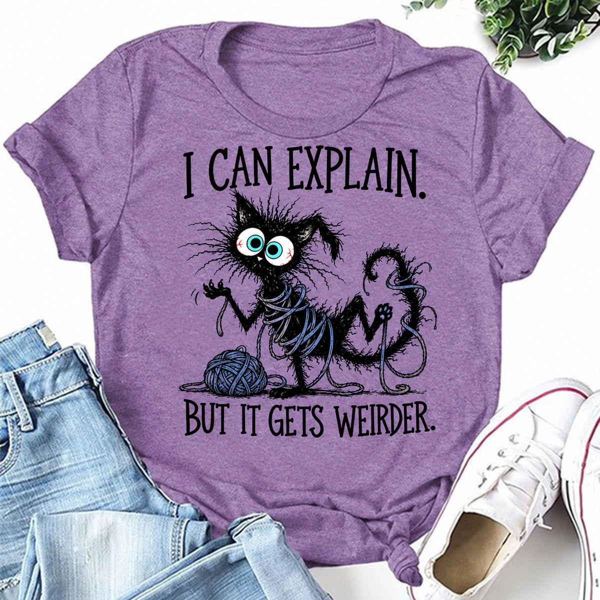 Purple women's T-shirt with I Can Explain. But It Gets Weirder graphic