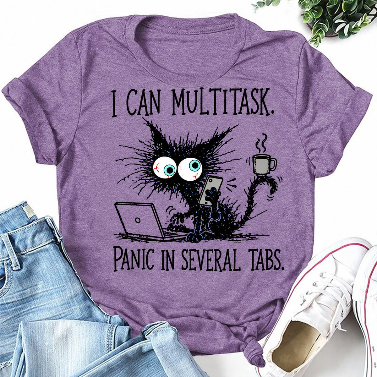 Purple women's T-shirt with I Can Multitask. Panic In Several Tabs graphic