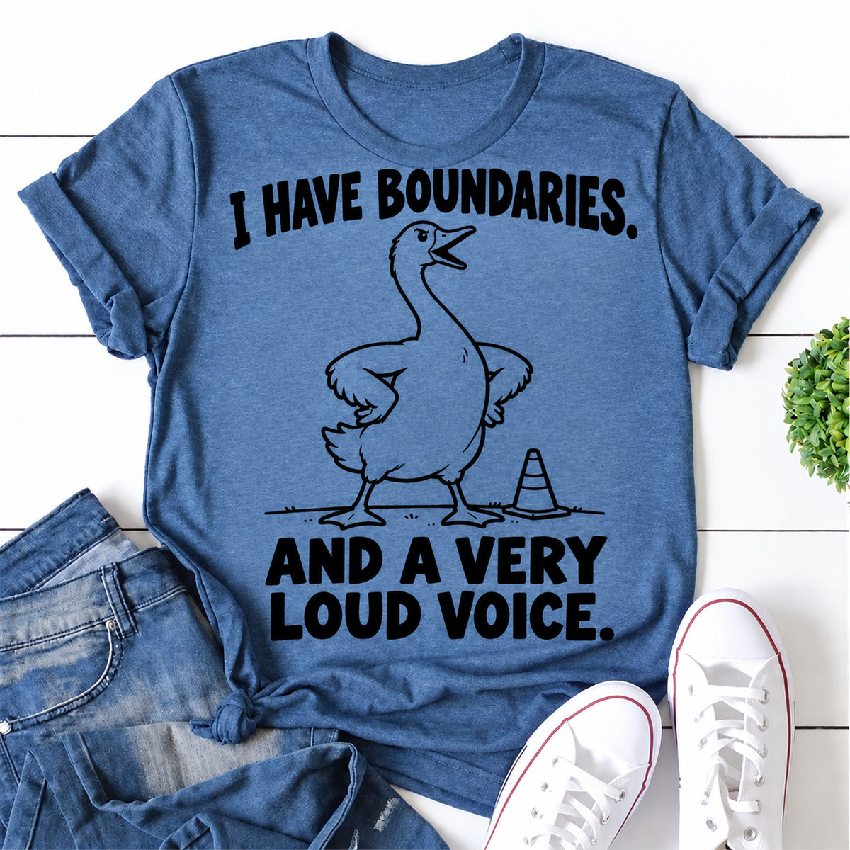 Blue women's T-shirt with I Have Boundaries. And A Very Loud Voice graphic