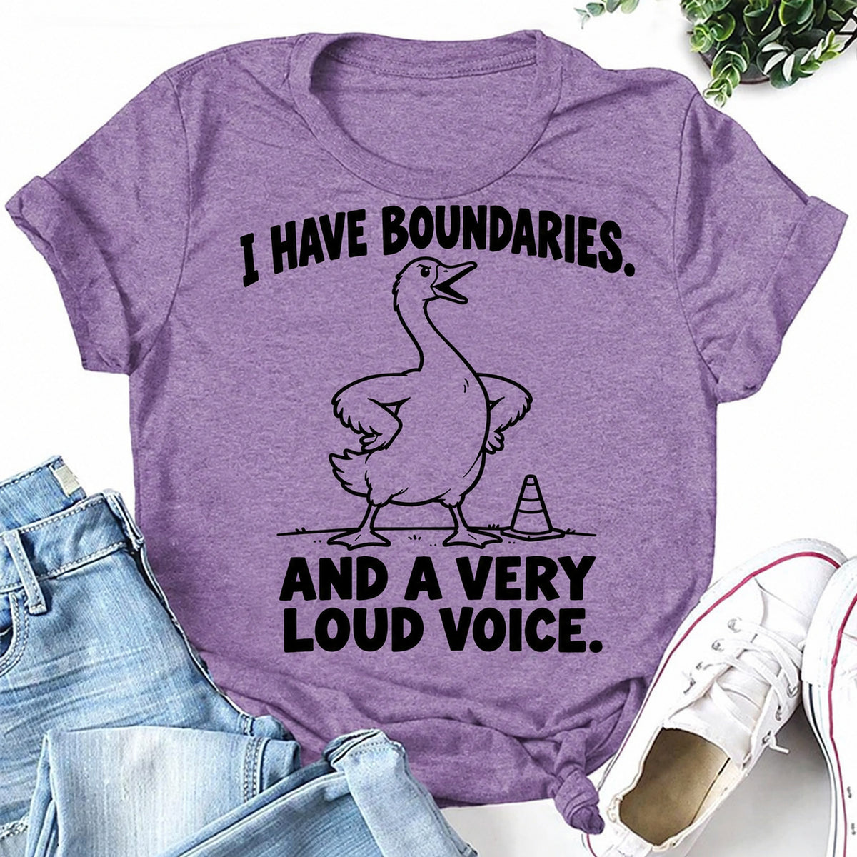 Purple women's T-shirt with I Have Boundaries. And A Very Loud Voice graphic