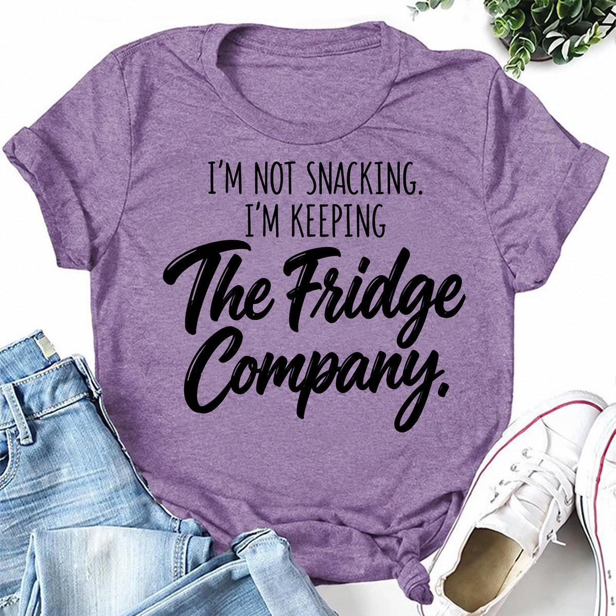 Purple women's T-shirt with I'm Not Snacking. I'm Keeping The Fridge Company graphic