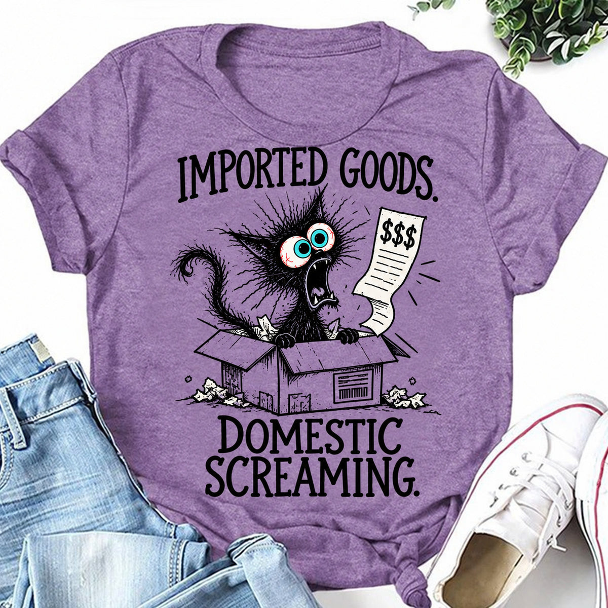 Purple women's T-shirt with Imported Goods. Domestic Screaming graphic