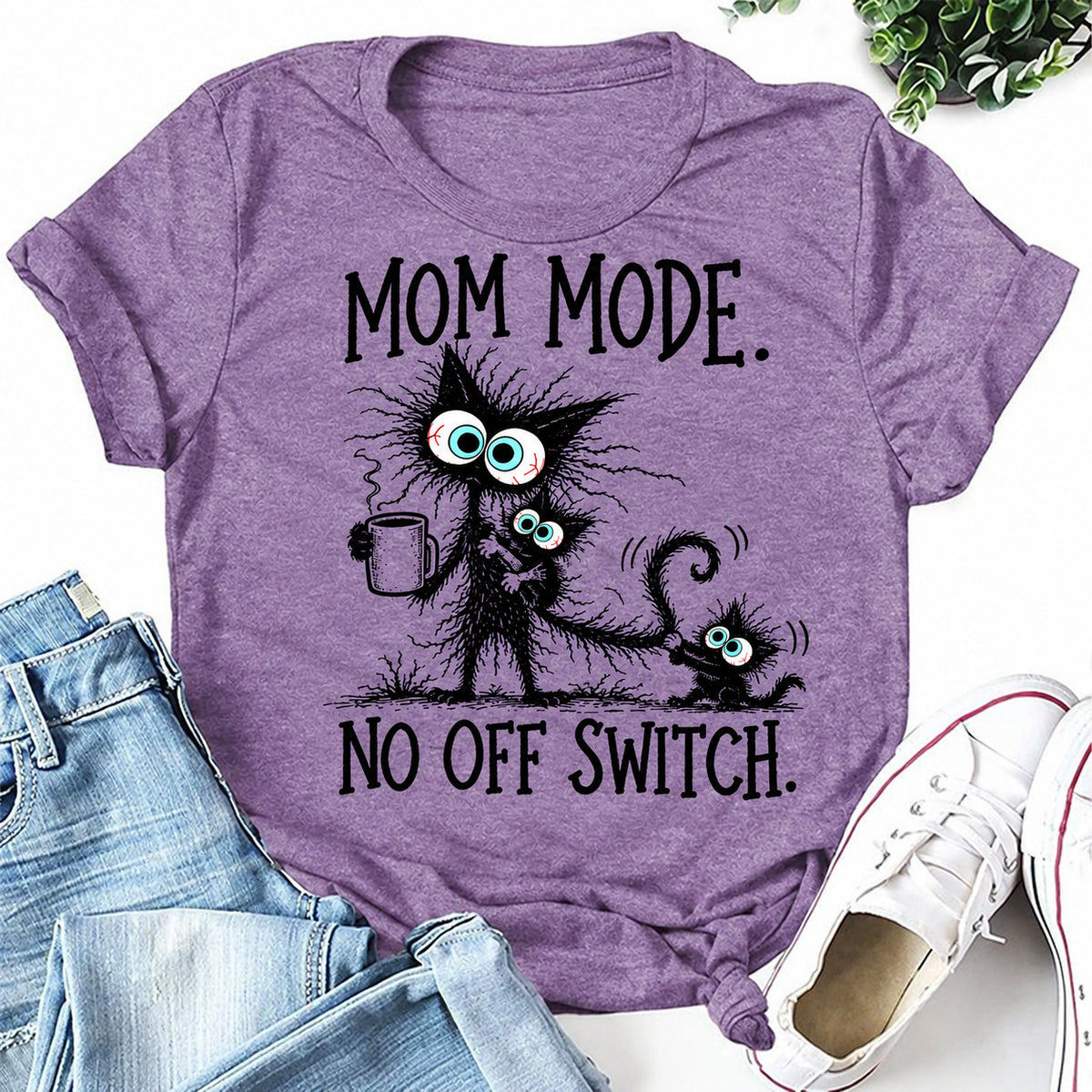 Purple women's T-shirt with Mom Mode. No Off Switch graphic