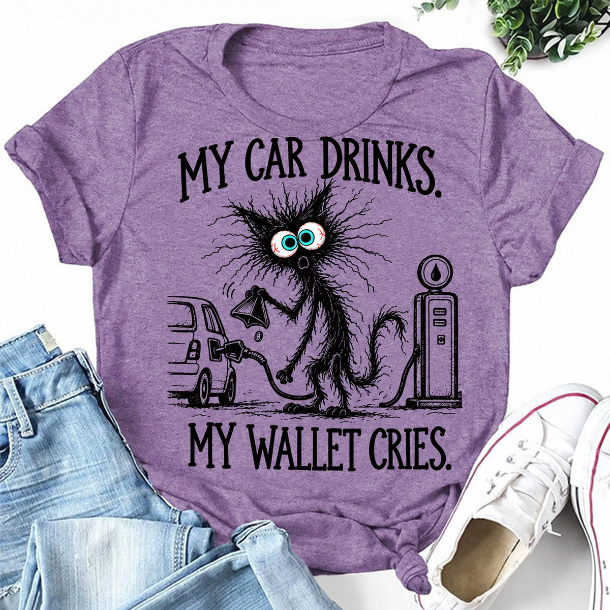 Purple women's T-shirt with My Car Drinks. My Wallet Cries graphic