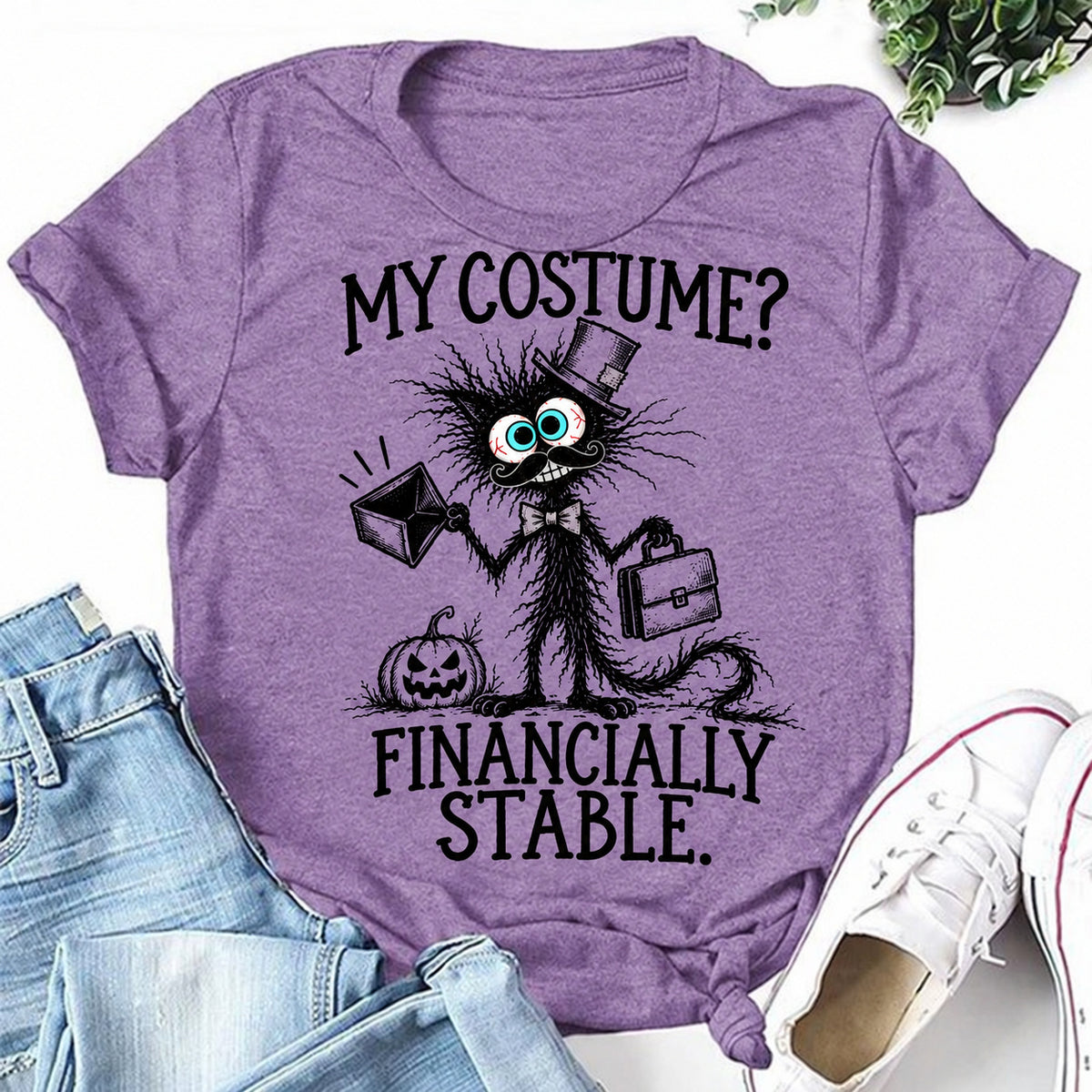 Purple women's T-shirt with My Costume? Financially Stable graphic