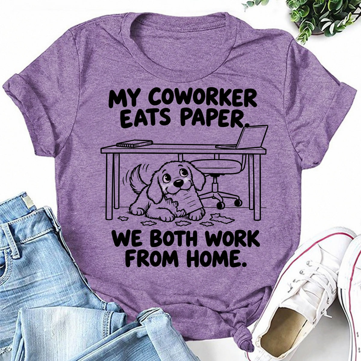 Purple women's T-shirt with My Coworker Eats Paper. We Both Work From Home graphic
