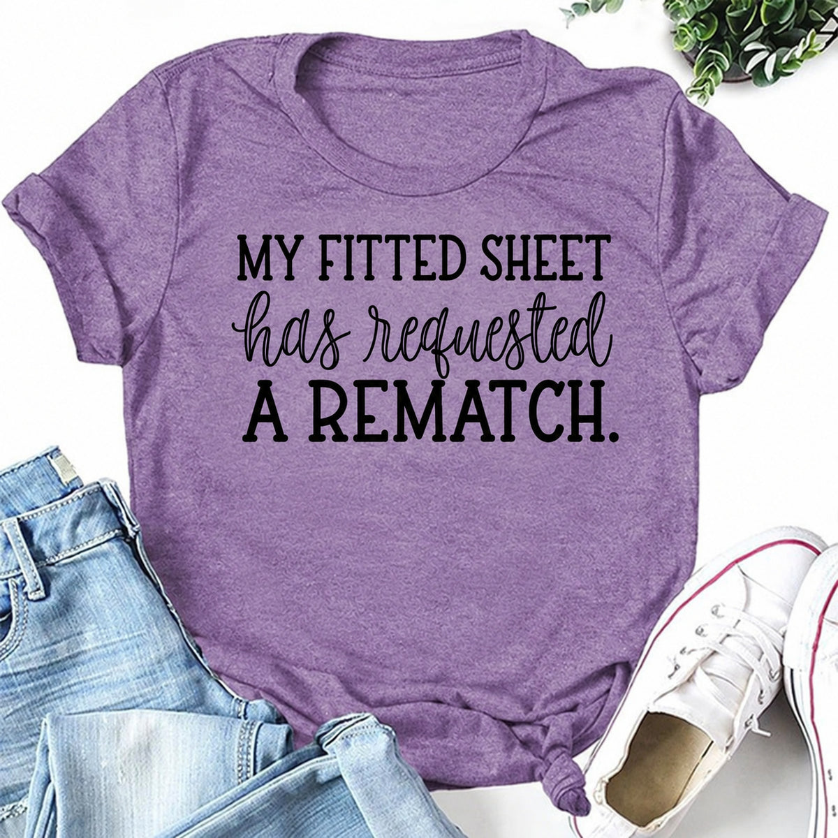 Purple women's T-shirt with My Fitted Sheet Has Requested A Rematch graphic