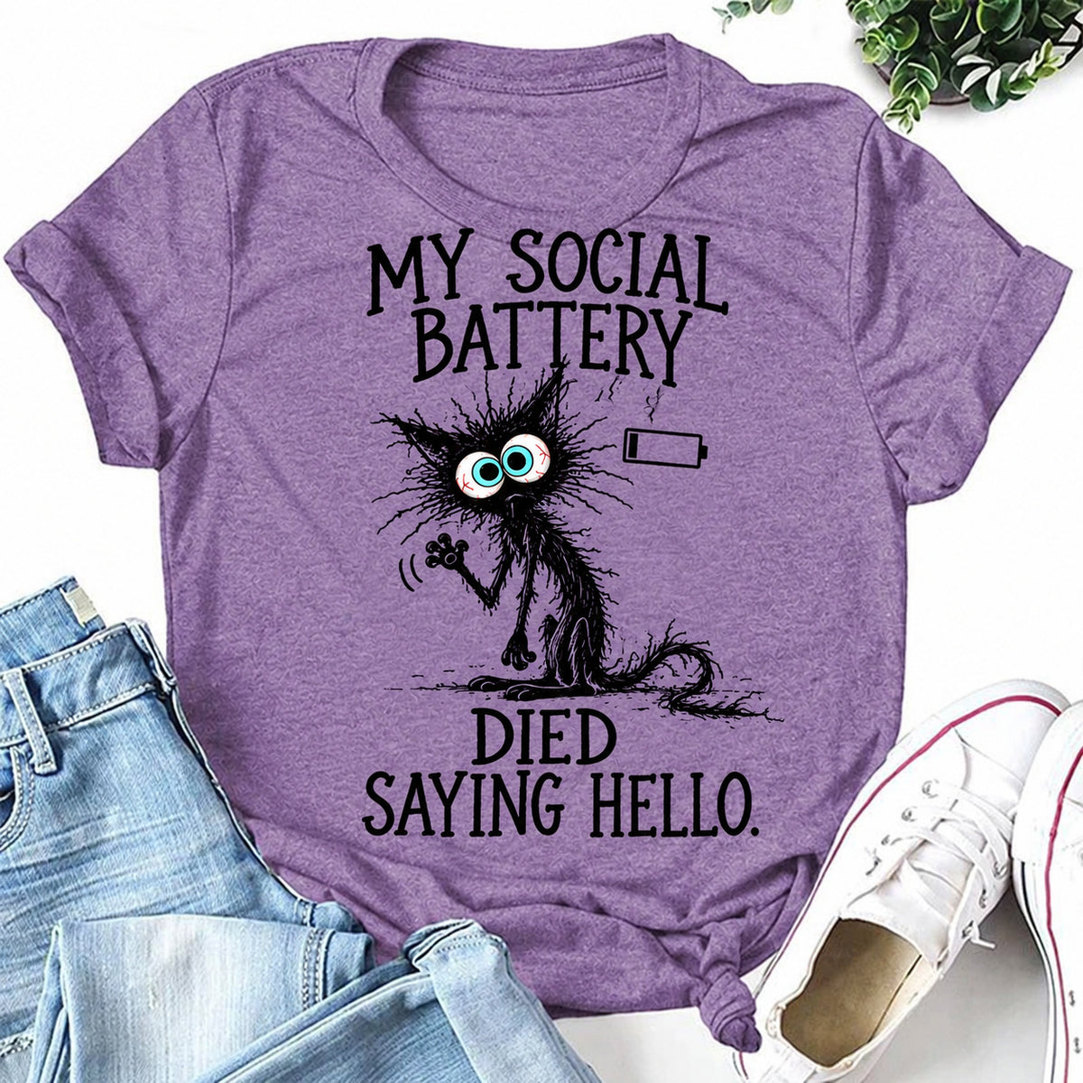 Purple women's T-shirt with My Social Battery Died Saying Hello graphic