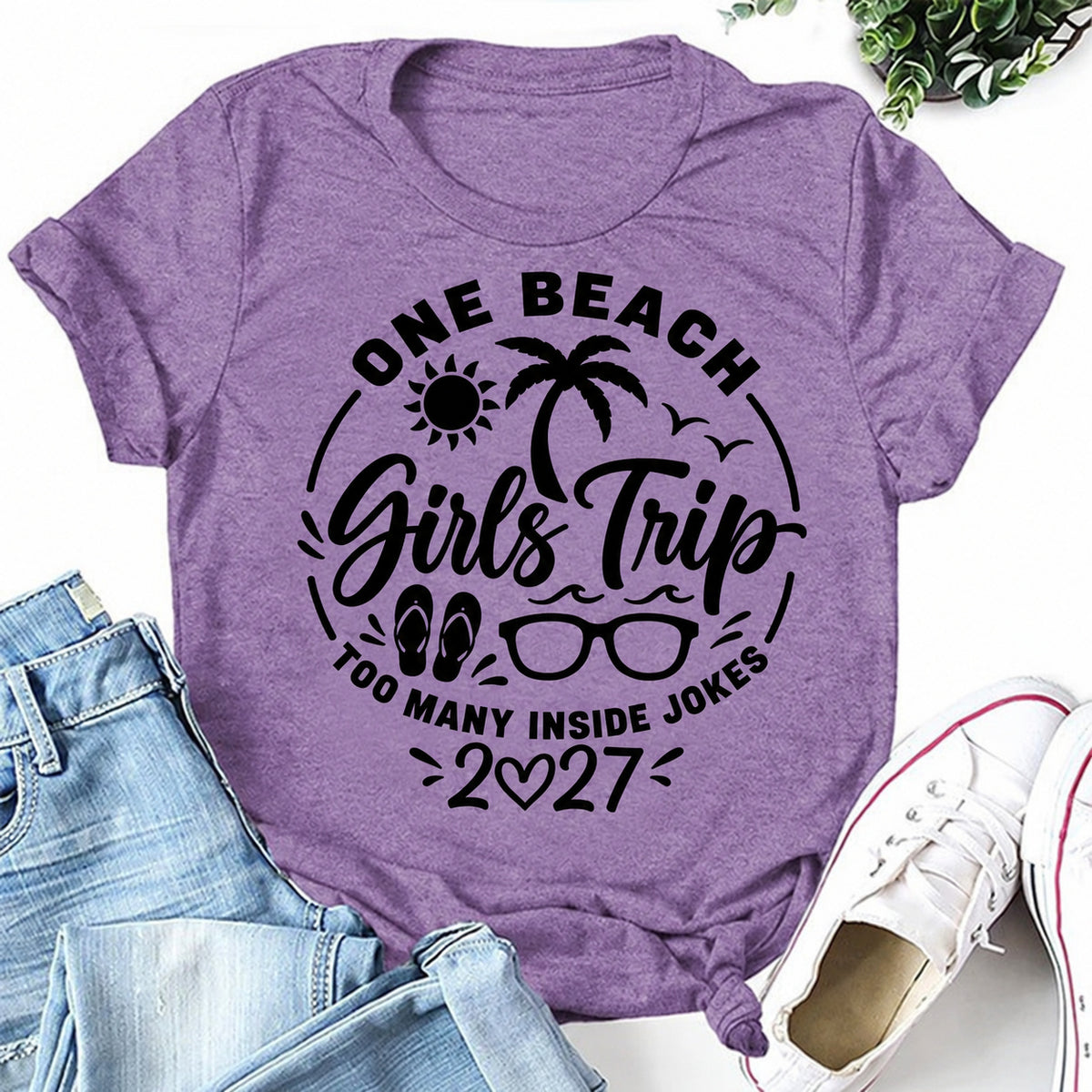 Purple women's T-shirt with One Beach Girls Trip Too Many Inside Jokes 2027 graphic