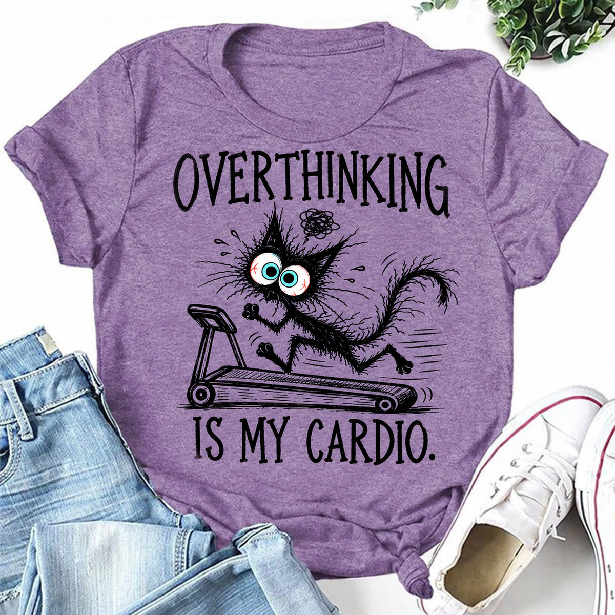 Purple women's T-shirt with Overthinking Is My Cardio graphic