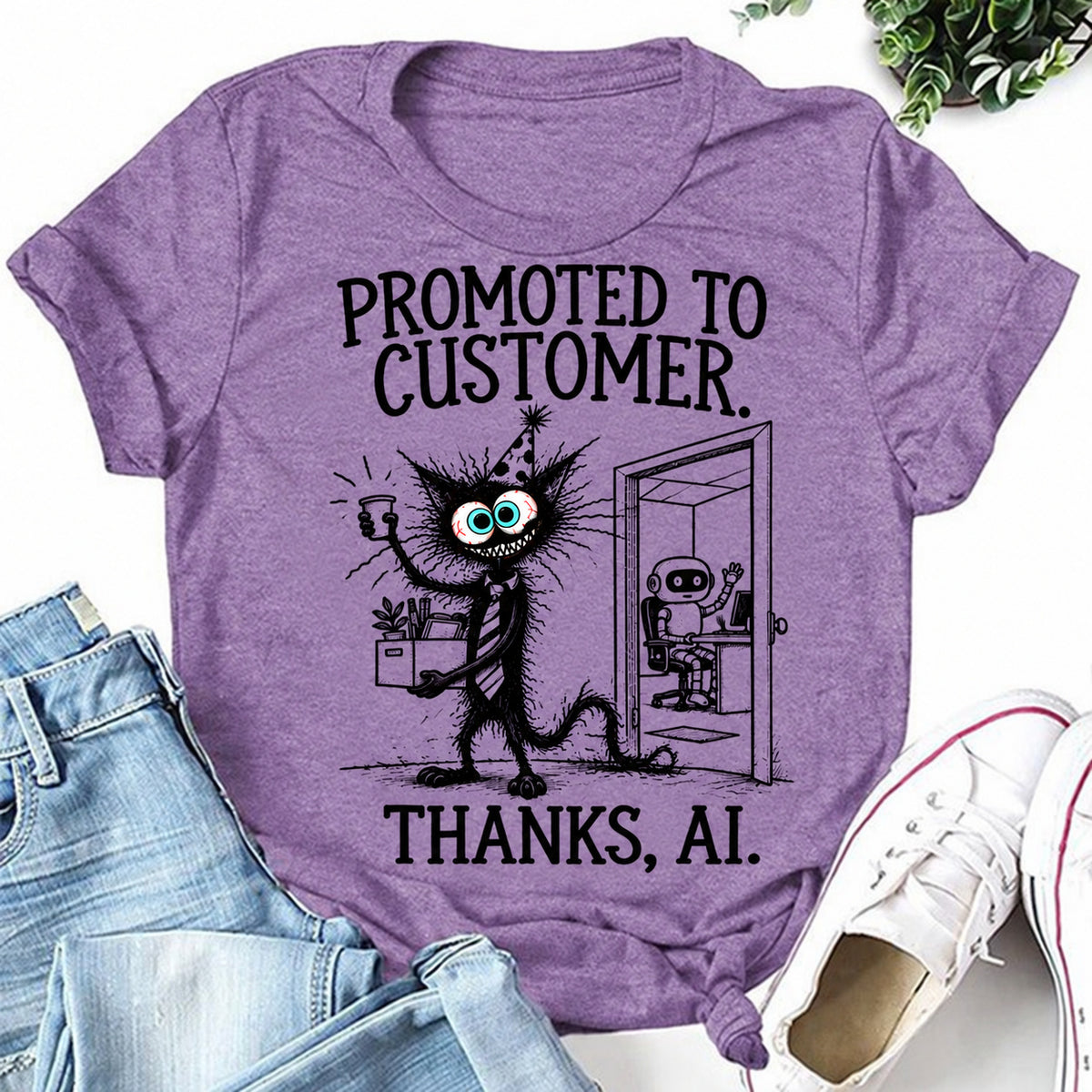 Purple women's T-shirt with Promoted To Customer. Thanks, AI graphic
