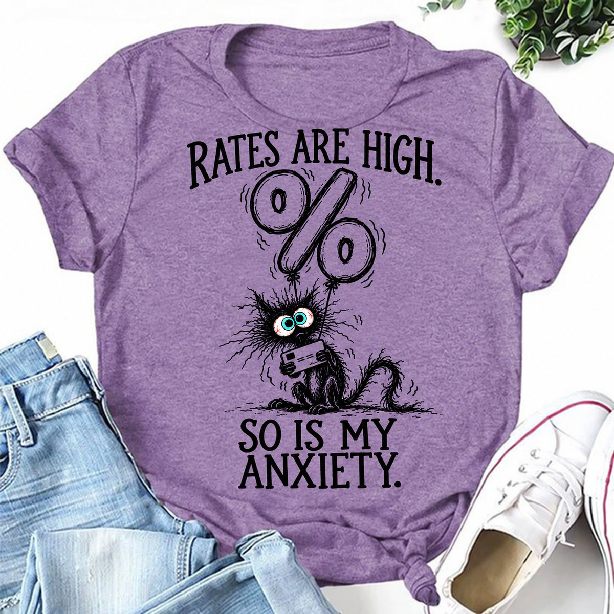 Purple women's T-shirt with Rates Are High. So Is My Anxiety graphic