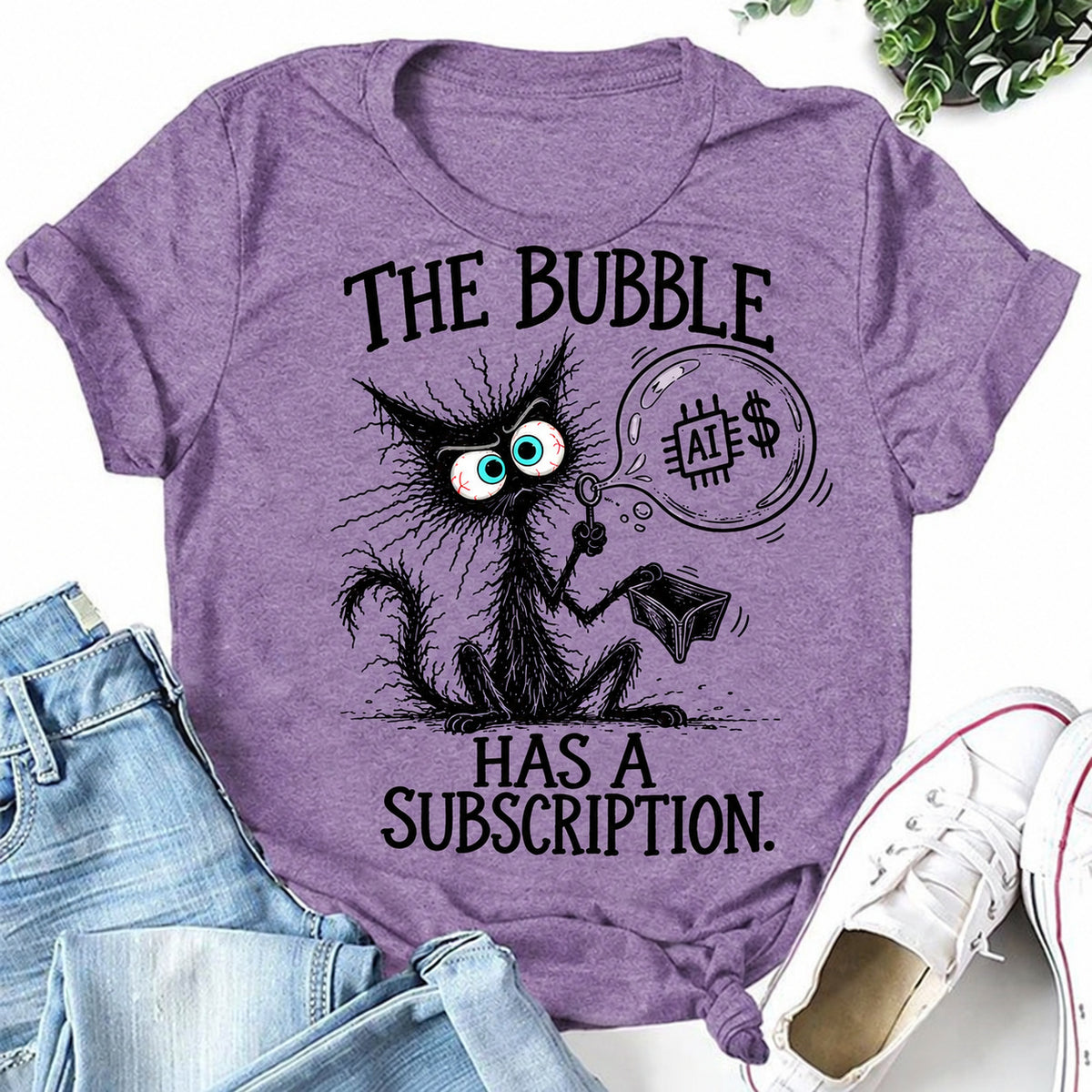 Purple women's T-shirt with The Bubble Has A Subscription graphic