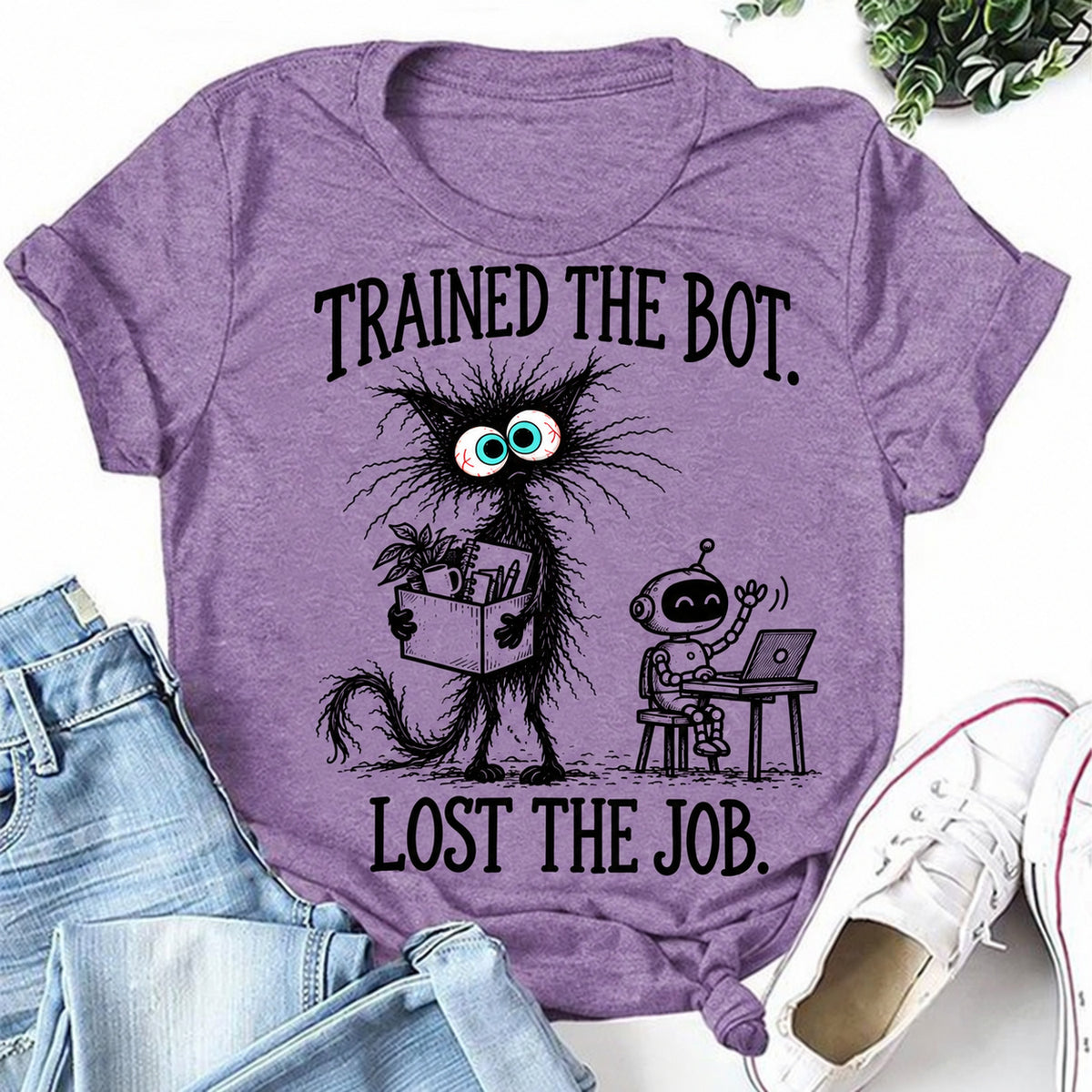Purple women's T-shirt with Trained The Bot. Lost The Job graphic