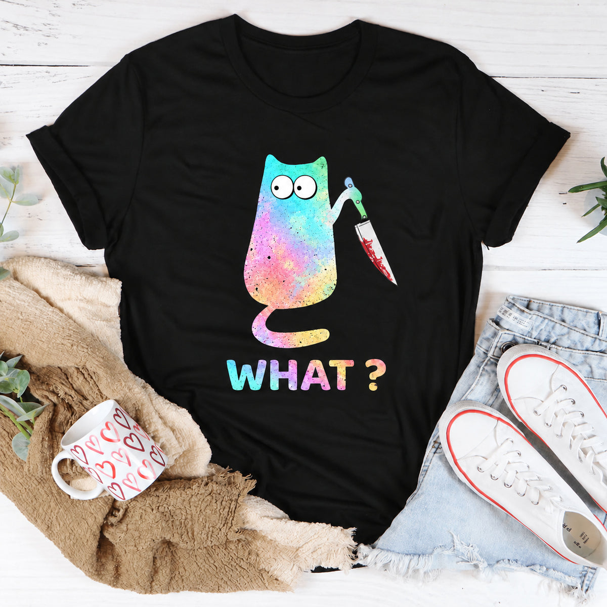 Black women's T-shirt with What? graphic