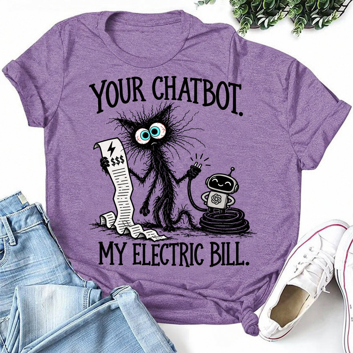 Purple women's T-shirt with Your Chatbot. My Electric Bill graphic